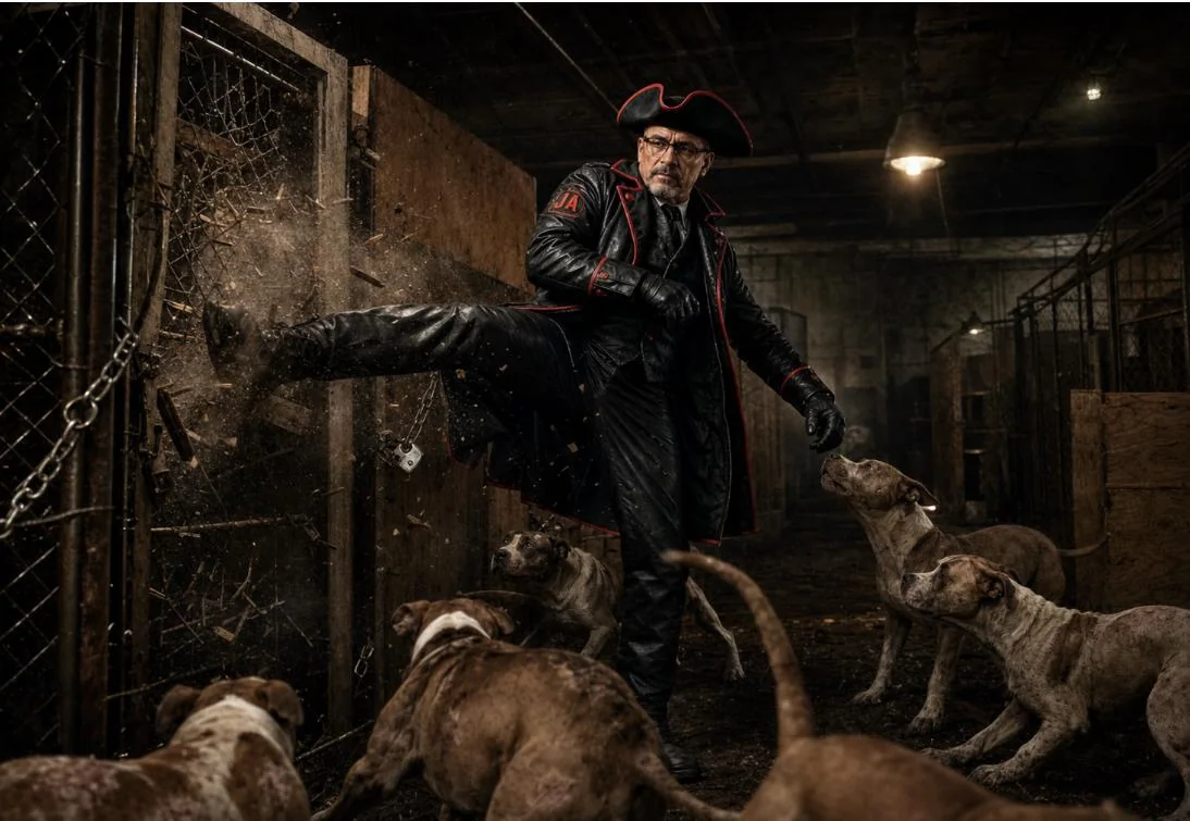 Johnny Action standing with several dogs inside an indoor kennel setting.