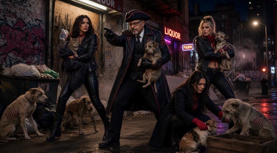 People with dogs and cats gathered on an urban street at night
